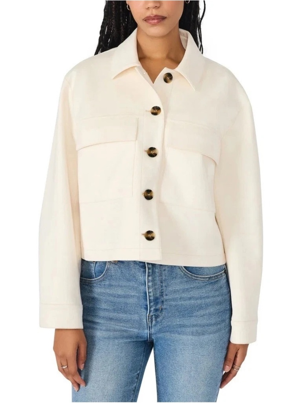 Steve Madden Faux Suede Semi Crop Utility Jacket, Cream, Sz M, NWT